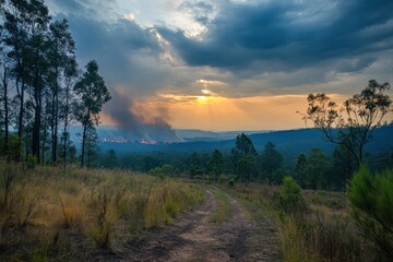 Fototapeta premium Rural forests beneath gloomy clouds hidden by smoke from evening fires