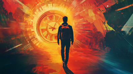 Young man using backpack walking to surrealistic clock, time travel concept. generative ai image. Temporal. Illustration