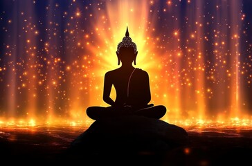 Buddha Silhouette Meditating on Lotus Flower with Radiant Orange Background