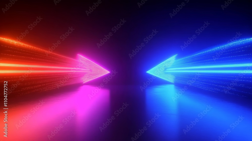Poster Neon Arrows in Abstract Futuristic Background with Gradient Contrast and Light Trails