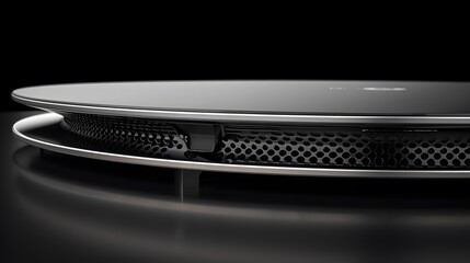 Close-up of a sleek, circular, black electronic device with a metallic grill.