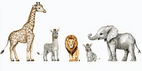 Watercolor Illustration of Giraffe Elephants Zebras and Lion Cub Savanna Wildlife Animals