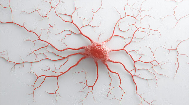 Intricate Neuron Network: Microscopic view of a vibrant red neuron cell with its complex dendritic branching network.