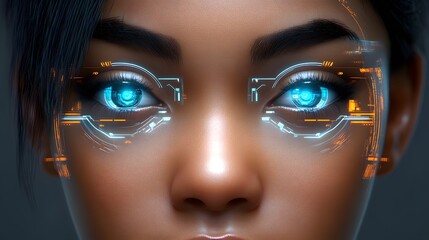 Close-up of a woman's face with futuristic cybernetic eyes.
