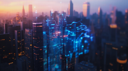Fototapeta premium Smart digital city with connection cyber security network reciprocity over the twilight cityscape.future wireless digital city and social media networking systems that connects people within the city 