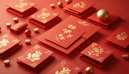 Elegant red envelopes with gold floral designs and festive decorations for Chinese New Year celebration