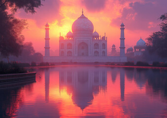 Taj Mahal reflected in the calm waters of its surrounding pool