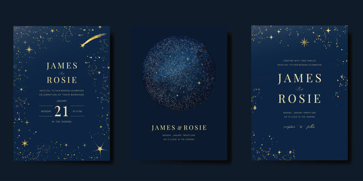 Luxury invitation card design vector set. Elegant wedding card with little star moon sun meteor and space decorative on navy blue background. Design illustration for cover, poster, gala.