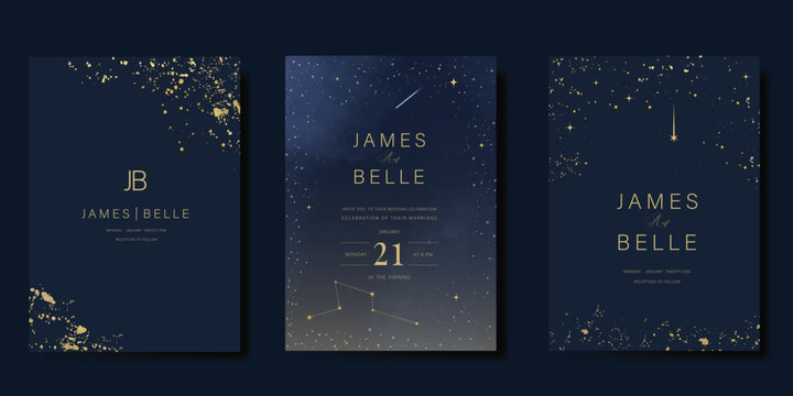 Luxury invitation card design vector set. Elegant wedding card with little star moon sun meteor and space decorative on navy blue background. Design illustration for cover, poster, gala.