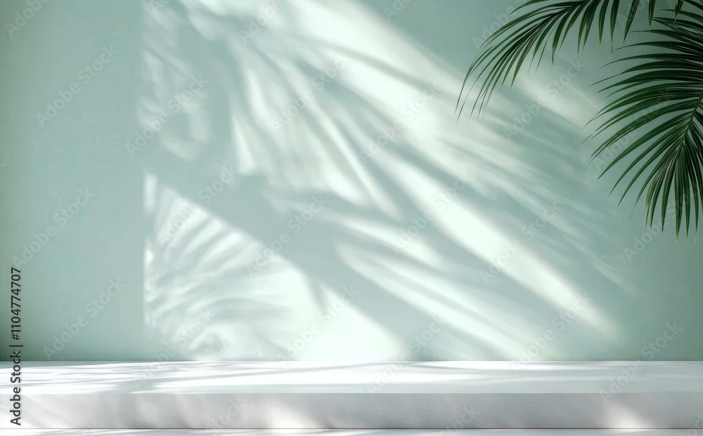 Aufkleber Soft Green Light Filtering Through Palm Leaves on a Pale Wall with White Surface and Blurred Shadow