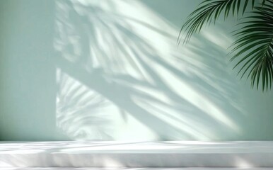Soft Green Light Filtering Through Palm Leaves on a Pale Wall with White Surface and Blurred Shadow