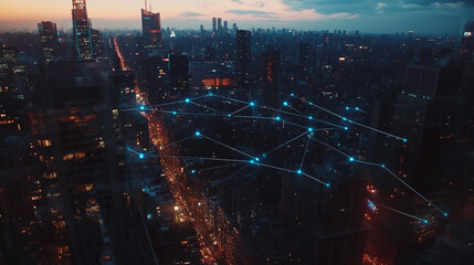Fototapeta premium Smart digital city with connection cyber security network reciprocity over the twilight cityscape.future wireless digital city and social media networking systems that connects people within the city 
