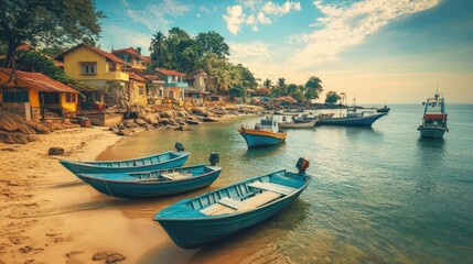 Fototapeta premium A serene coastal village in Salum, with fishermen's boats anchored by the shore, surrounded by golden sands and calm blue waters.