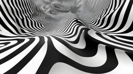 Abstract black and white striped warped tunnel.