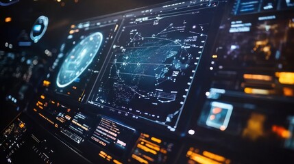Futuristic digital interface with map and data displays on a dark screen.