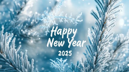 Serene Winter Beauty: Frosted Tree Branches with Sparkling Ice Crystals and Happy New Year 2025 Message