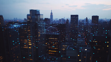 Fototapeta premium Smart digital city with connection cyber security network reciprocity over the twilight cityscape.future wireless digital city and social media networking systems that connects people within the city 