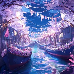 Obraz premium A Dreamy Canal Lined with Cherry Blossoms and Boats Adorned with Flowers.