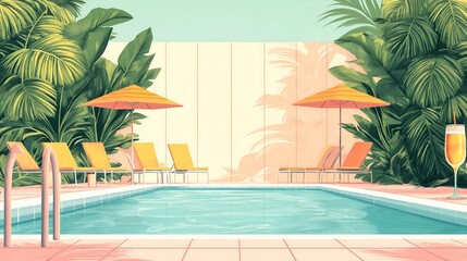 Fototapeta premium Retro vintage countdown-to-travel poster decorated with images of a pool, lounge chairs and tropical drinks, creating a summer atmosphere