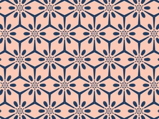 Seamless geometric pattern with navy blue floral shapes on a peach background.