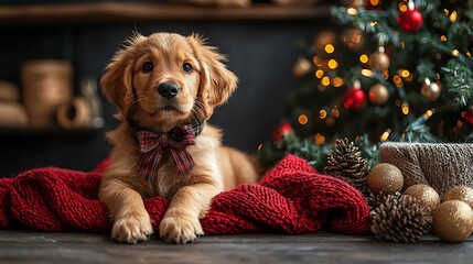 A fluffy puppy wearing a festive bow and sitting next to a decorated holiday tree