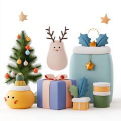 Naklejka premium Cheerful Christmas scene featuring colorful gifts, cute tree, and festive decorations. Perfect for holiday celebrations and seasonal promotions