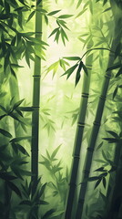 Bamboo forest banner. East Asian tropical plants background. Green bamboo background, illustration. Copy space. Vertical