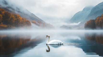 Graceful swan on misty lake with foggy mountain backdrop.