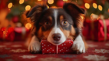 A playful dog unwrapping a present with its paws under a brightly lit Christmas tree