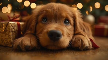 A playful pup pulling at a ribbon on a gift box under a decorated tree