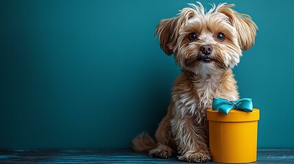 A small dog wagging its tail while sitting next to a brightly colored present