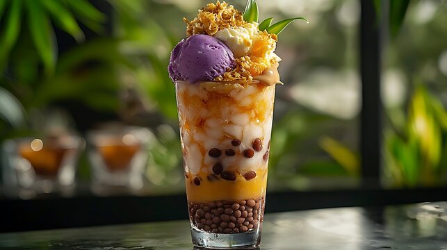 Close-up on Filipino halohalo dessert
