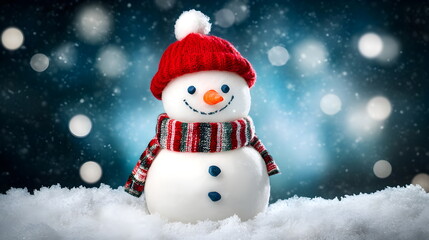 Obraz premium Winter holiday banner background. View of snowman in red hat and scarf on snowy landscape with bokeh lights, with copy space. Merry Christmas and Happy New Year greeting card.