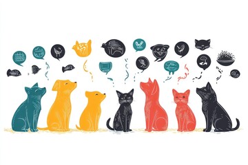 Seven cartoon dogs and cats sitting in a row with speech bubbles above their heads filled with thoughts and ideas.