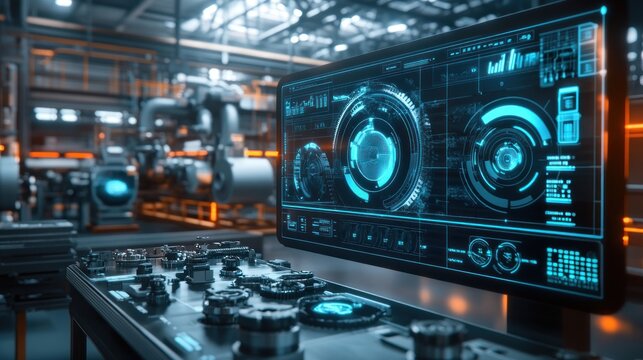 Futuristic factory control panel with holographic interface displays real-time data and machine operations.