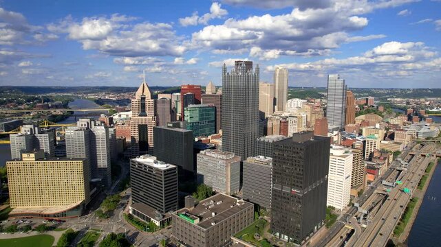 Pittsburgh city skyline, Located at the confluence of the Allegheny, Monongahela and Ohio rivers.