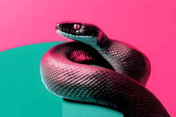 Fototapeta premium Background pattern with simple geometric shapes, abstract line intersections, in bright colors; blue, pink, turquoise. Black snake coils around itself creating a surreal collage. Poisonous viper. 