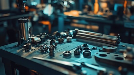 Industrial workshop workbench with various metal parts and tools.