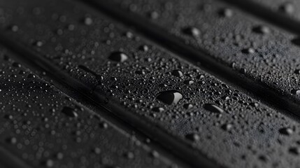 Close-up of water droplets on a dark, grooved surface.