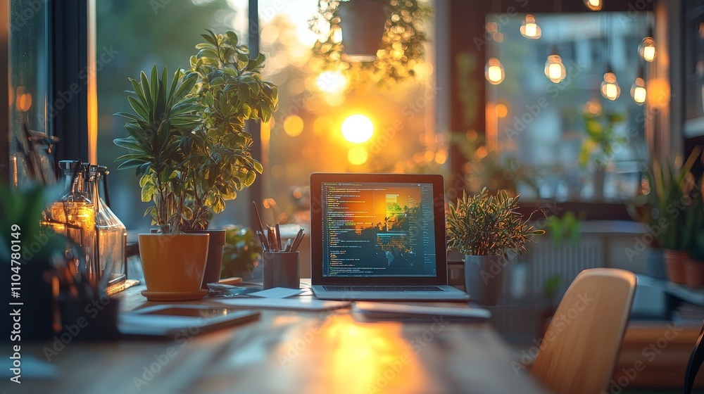 Wall mural web developers collaborate in modern offices, while designers use tablets and dual displays for desi