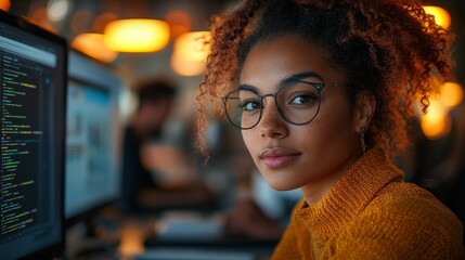 Web developers collaborate in modern offices, while designers use tablets and dual displays for design and coding. Warm sunlight pours into the room through glass windows.