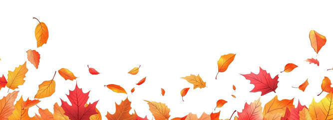 Autumn seasonal background with long horizontal border made of isolated autumn golden, red and orange leaves on a transparent background. PNG
