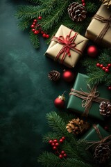 Top View of Beautifully Wrapped Christmas Presents Surrounded by Greenery, Pinecones, and Festive Ornaments on a Dark Background