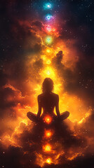 A serene woman reveals all chakras in a celestial universe, surrounded by soft light and spiritual energy. Perfect for art spirituality and meditation designs.