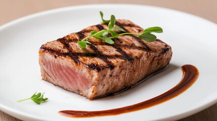 Grilled Tuna Steak Textural Study - Charred Lines and Juicy Pink Center with Sauce Drizzle. Ultra-Detailed Culinary Image