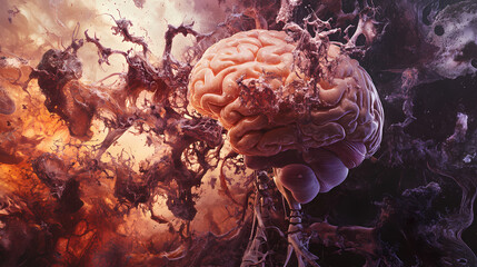 Axonal growth temporal lobe epilepsy and synaptic pruning human brain exposed and intertwined with a skeletal structure symbolizing anatomy and brain science. Temporal. Illustration