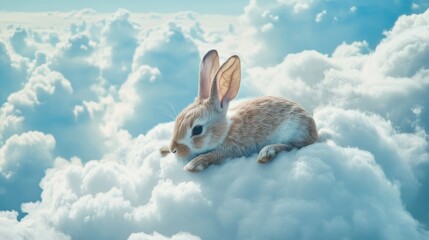 A serene rabbit resting on fluffy clouds in a dreamy sky setting.