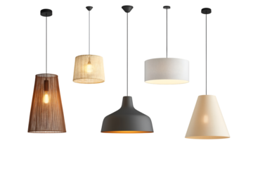 Set of different modern hanging lamps on white background. 