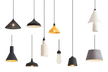 Set of different modern hanging lamps on white background. 