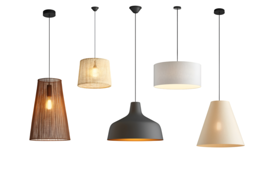 Set of different modern hanging lamps on white background. 